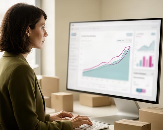 Händlerin analysiert Shop-Kennzahlen an einem Bildschirm mit Produktdaten und Bestandskurven