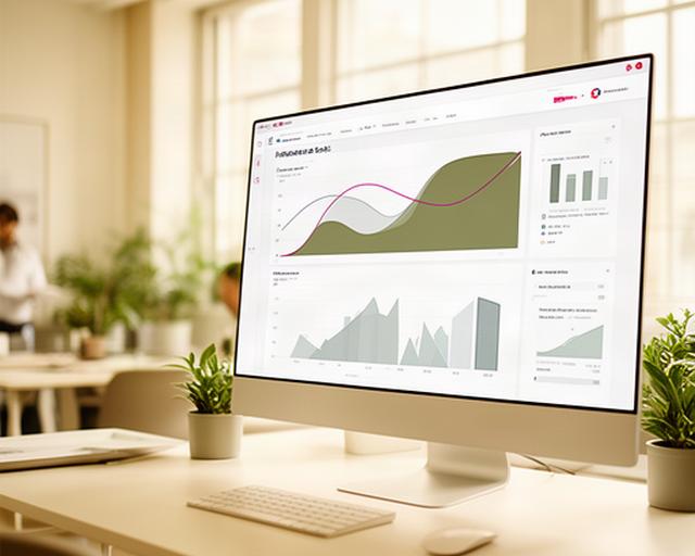 Helles Büro mit grossem Bildschirm, auf dem ein übersichtliches Unternehmensdashboard mit Prognosekurven zu sehen ist