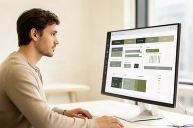 Dashboard-Designerin in hellem Büro bei der Gestaltung einer klaren Kennzahlenansicht