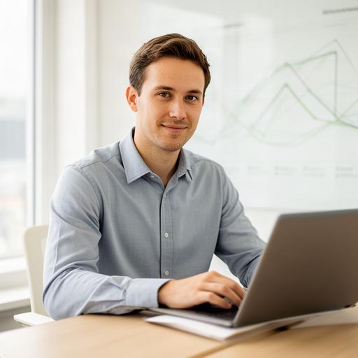 Dljar Vitacca, Data Scientist, im hellen Büro mit Diagrammen im Hintergrund