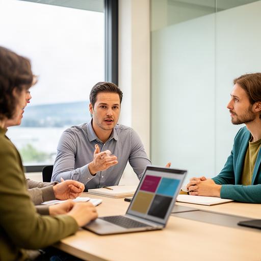 Kirusan Flubacher, Projektleiter, im Gespräch mit einem Kundenteam in Konstanz