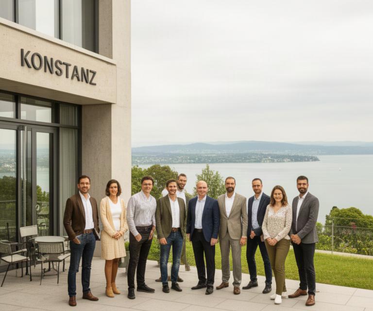 Interdisziplinäres KI-Team vor dem Büro in Konstanz mit Blick auf den Bodensee